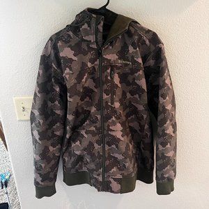 Simms Guide Series Soft Shell Fleece Hooded Full Zip Jacket Mens L Fish Camo